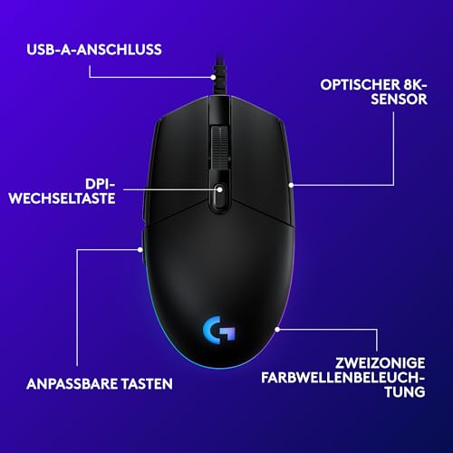Logitech G203 Gaming-Maus mit anpassbarer LIGHTSYNC RGB-Beleuchtung, 6 programmierbare Tasten, spieletauglicher Sensor, Abtastung mit 8.000 DPI, Geringes Gewicht - Schwarz
