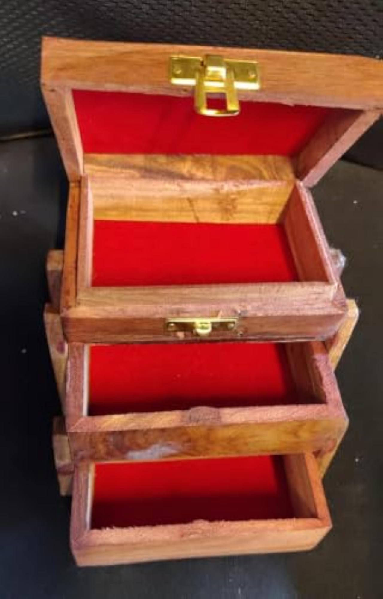 Handcrafted Wooden Multi-Tier Jewellery Organizer Box with Brass Latch