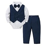 CARETOO Newborn Baby Boy Clothes Suit 4Pcs Toddler Boys Gentleman Outfit Infant Clothing Bow Tie+ Vest+ Shirt+ Pant Set 0-18M(Navy Blue,0-3Months)
