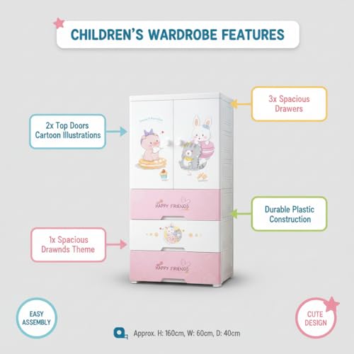 Image of EXVITO Plastic Wardrobe for Cloth with Drawers & Hanging Rod | Baby Cupboard for Clothes Storage | Foldable Collapsible Plastic Almirah for Kids | Cartoon Design Cabinet for Bedroom (Pink, 4 Door)