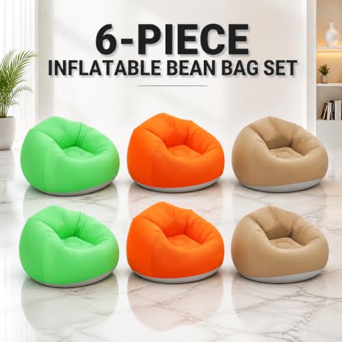 Image of 6 Pcs Inflatable Bean Bag Chairs with Foot Air Pump Outdoor Blow up Couch Folding Portable Inflatable Couch for Camping Movie Night, Lazy Sofa Chair (2 Coffee+2 Green+2 Orange)