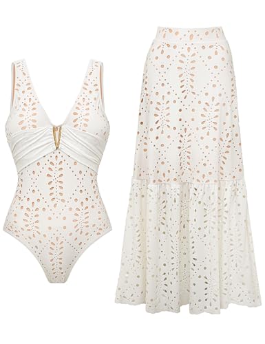 FLAXMAKER Solid One Piece V Neck Laser Cutting Flower Swimsuit and Skirt (US Alpha Large Regular Regular White Swimsuit and Skirt)