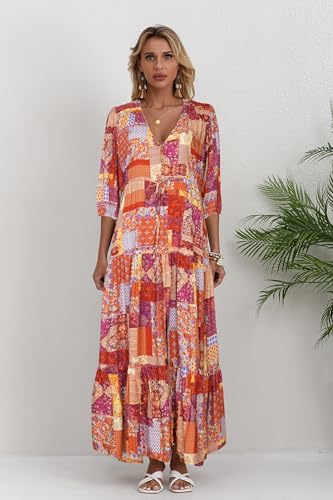 Image of Women Short Sleeve V Neck Floral Print Casual Bohemian Maxi Dresses