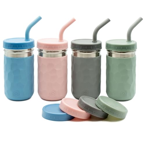 Image of WeeSprout 2-in-1 Drinking Cups for Kids, Durable Stainless Steel Tumbler for Smoothies, Silicone Straws with Stoppers, Premium Plastic Twist Lids, Easy-Grip Sleeves, Set of 4 Dishwasher Safe Kid Cups