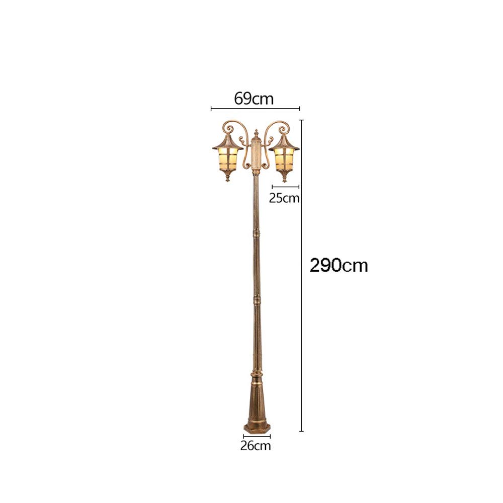 Palo Alto in Vetro Lanterna da Strada Europea Vintage Doppia Testa E27 Ottone Metallo Alluminio Lampada da palo IP54 Impermeabile Esterno Giardino Pilastro Luce Vialetto,Height 2.9m