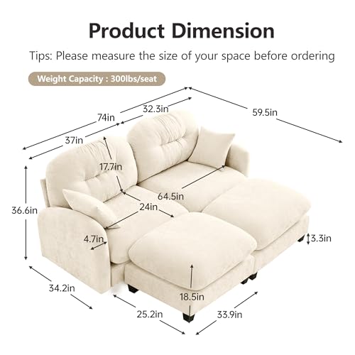 Image of KEIKI 74 inch Oversized Chenille Modular Sectional Loveseat Sofa with 2 Ottoman, High-Density Foam Cushions, Tufted Pleated Cushion Backrest, Modern 2-Seater Couch with 2 Pillow, for Living Room, Beige
