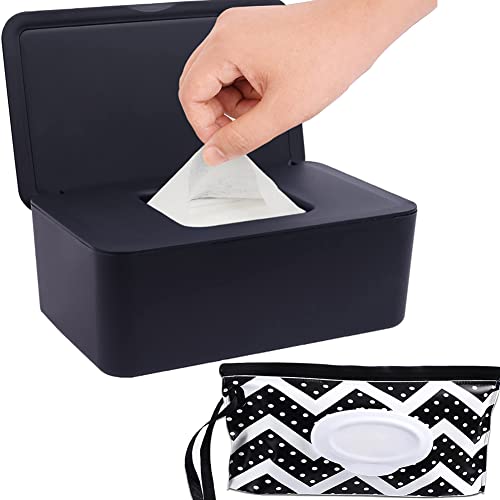 Image of Baby Wipe Dispenser,Wipe Holder with Portable Travel Wipes Container,Refillable Reusable Travel Wet Diaper Wipe Pouch with Lid for Bathroom Baby Nursery,Flushable Storage Case Box (Black)