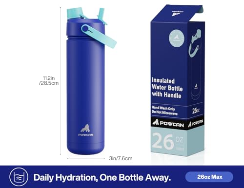 Image of POWCAN 26 oz Insulated Water Bottle with 2-in-1 Straw and Spout Lid, Keep Cold 24H, Leak-Proof, Fits in Car Cup Holder, Stainless Steel Water Bottle for Sports, Travel, Gym, and School (Coastline)