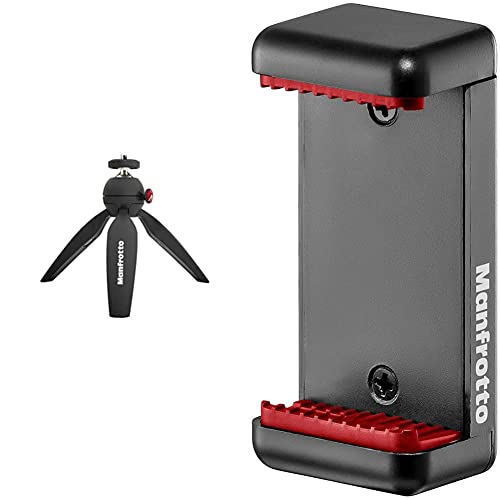 Manfrotto PIXI Tischstativ (Mini Stativ, Made in Italy, für Compact System Kamera und spiegellose Kameras bis 1Kg, Handgriff für Videos, MTPIXIMII-B), Schwarz & MCLAMP Smartphone Halterung, schwarz