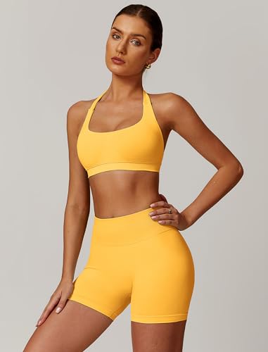 QBGJTD Women's 2 Piece Workout Set Halter Neck Straps Sport Bra Matching Booty Lifting Shorts Gym Yoga Active Outfits Tr