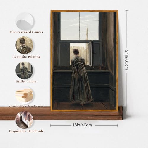 crmotu Framed Canvas Wall Art, Vintage Portrait Paintings Wall Decor, Woman by the Window Dark Art Prints, Retro Lady Back Pictures Rustic Farmhouse Home Decor Living Room Bedroom Bathroom 16x24in