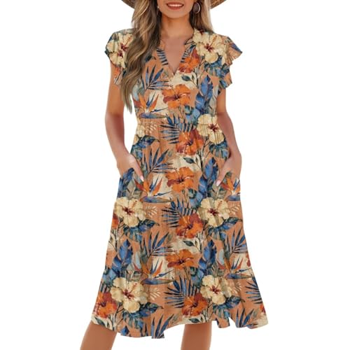 Image of Womens Summer Dress Ruffle Sleeve V Neck Dress Casual Fit Flowy Beach Vacation Sundress with Pocket S-2XL