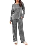 Ekouaer Womens Ribbed Knit Lounge Set Long Sleeve Henley Neck Top and Long Pants Two Piece Soft Sleepwear Matching Outfits Dark Gray