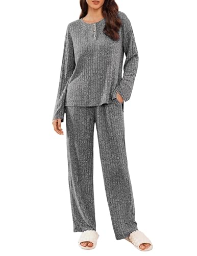 Ekouaer Womens Ribbed Knit Lounge Set Long Sleeve Top and Long Pants Sleepwear Pajama Set Two Piece Matching Set with Pockets