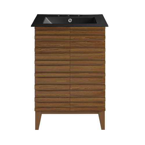 Image of Swiss Madison Cascade 24 in. Brown Oak Bathroom Vanity with Black, 3-Hole Ceramic Sink Top