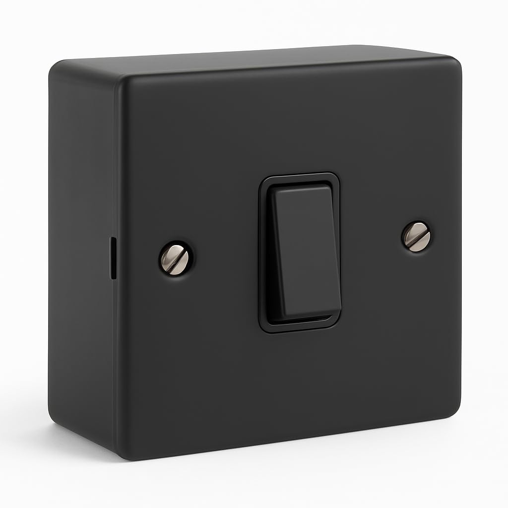 SHPELEC® Matt Black Metal Switch and Socket Range with Surface Mount Back Box – Sleek, Durable, and Easy to Install (1 Gang 10A Switch + Back Box, Screwed Version) — image 1
