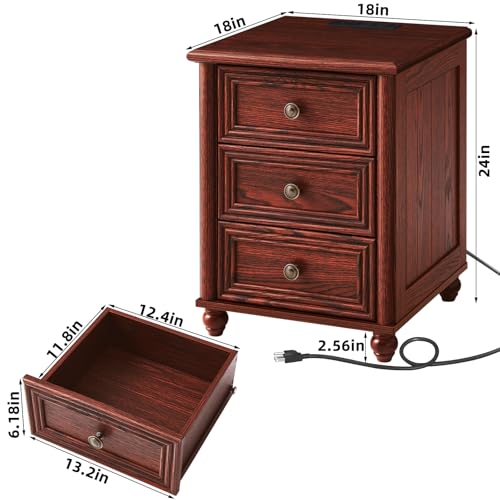 18" Farmhouse Night Stand Set 2 with Charger Station, RedOak 2 & 3 Drawers Wood Nightstand, Bedside End Table with Storage and Roman Column, Bed Side Tables Cabinet for Bedroom Living Room and Closet