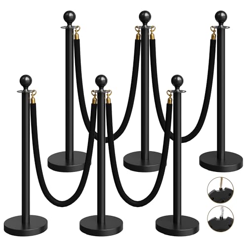 Image of 6 Pack Black Stanchions and Velvet Ropes Set, Stainless Steel Crowd Control Barriers, 4Pcs Black Ropes and Poles for Party Supplies,Photobooth Accessories, Prom,Birthday,Business,Wedding, Museums