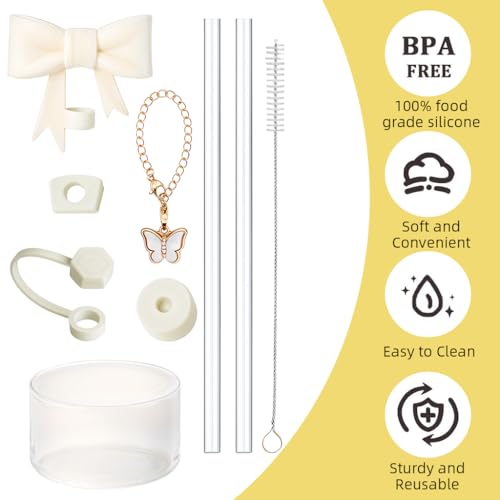 Image of HASTHIP for Stanley Cup Accessories & Charm Kit Set of 9Pcs Kit Cute Bow Straw Cap, 2 Straight Straws, Cleaning Brush, Handle Charm, Bottom Sleeve(Cup NOT Included)