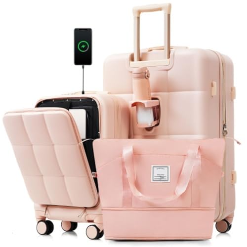 3-Piece Luggage Set, Including 20-inch Front-Loading Carry-on Suitcase, 28-inch Expandable Suitcase and Expandable Travel Bag, USB Port, ABS Material, Cup Holder, Built-in Luggage Hook, Pink2