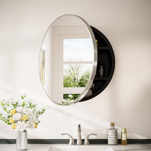 Image of Keonjinn 26 Inch Round Brushed Nickel Medicine Cabinet Mirror for Bathroom