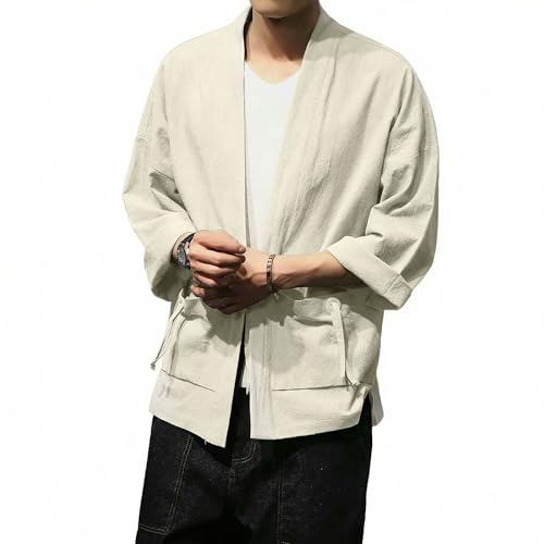 Image of Mens Kimono Cardigan Cotton Linen Japanese Shirt 3 /4 Sleeve Haori Yukata | Skin-Friendly Solid Color Lightweight Shawl Collar Kimono Robe Embroidery Button Tie Pockets Happi Coat All Season Daily Wear