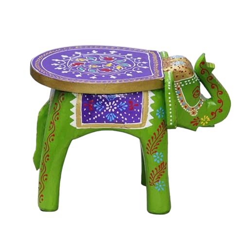 Image of Hand-Crafted and Colorful Emboss Painted Wooden Elephant Shape Stool Cum Gardan Table,Decorative Showpiece (8 Inches Height, Green)