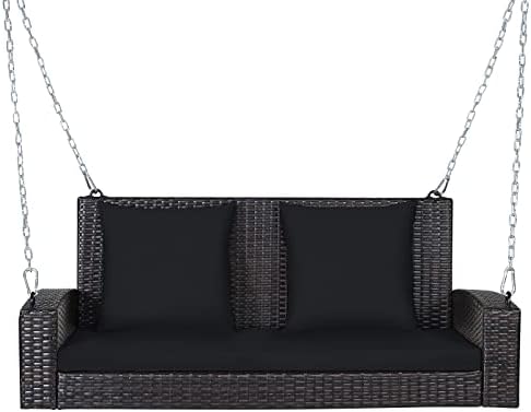 RELAX4LIFE Porch Swing 2-Seat Patio Rattan, Wicker Porch Swings Outdoor W/ Two 7.9 Ft Solid Steel Chain, Comfortable Back & Seat Cushions, for Front Porch, Garden, Backyard Patio Swing (Black)
