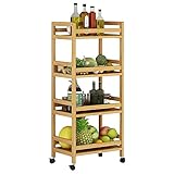RHXWFDG Küchen-Aufbewahrungswagen , Abnehmbarer Küchen-Aufbewahrungswagen aus Bambus, schmales, herausschiebbares, rollbares Vorratsregal, 4-stöckig, ideal for Zuhause, Partygebrauch
