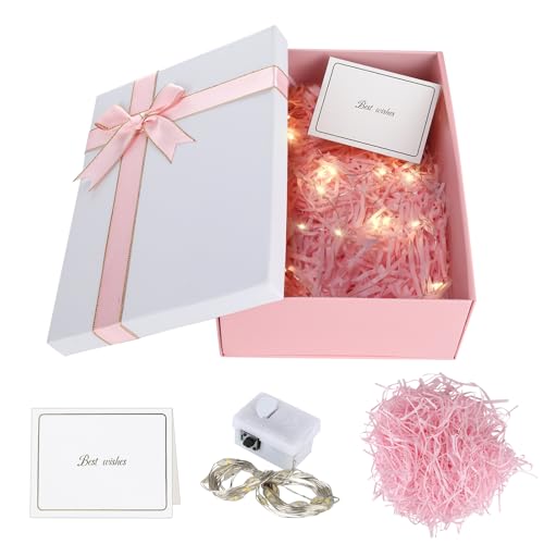 Geschenkbox mit Deckel, 25x18x8,5cm Geschenkkarton, Geschenkverpackung mit Schleife, Geschenkbox Geburtstag Set mit Raffia, Grußkarten, Licht, Geschenkschachtel für Hochzeit Valentinstag (Rosa)
