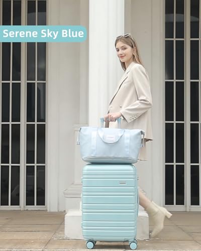 Image of LARVENDER Carry on Luggage 22x14x9 Airline Approved, 20 Inch Hardside Suitcase with Wheels TSA Lock, PC+ABS Lightweight Travel Luggage Sets for Women, Glossy Sky Blue, 3 Piece Set
