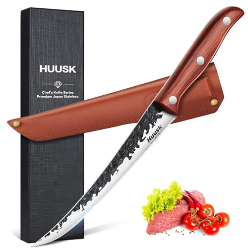 Huusk Fillet Knife for Meat Hand Forged Boning Knives 7 Inch Fish Filet Brisket Trimming Knife with Leather Sheath Japanese Butcher Knife for Fish Chincken Gift for Dad