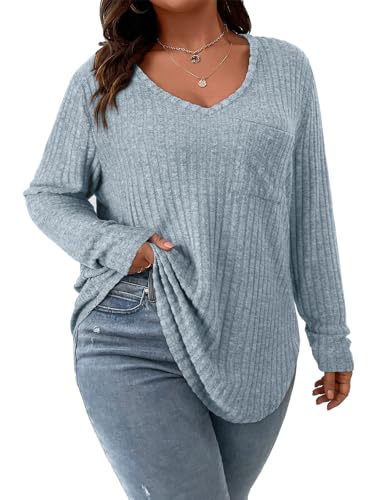 Image of Koscacy Women Plus Size Casual Knit Sweater with Pocket V Neck Solid Color Tops Lightweight Long Sleeve Blouses