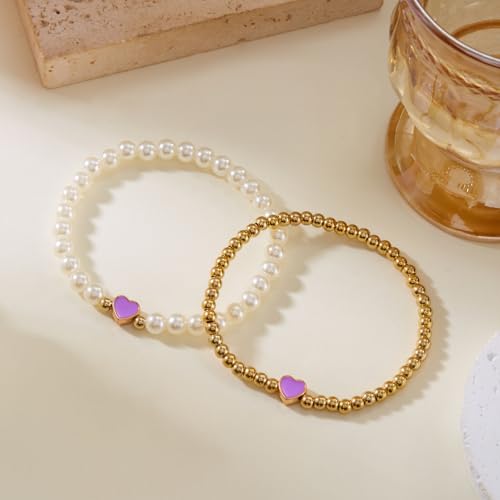 Colorful Heart Beaded Matching Couples Bracelets Chunky Simulated Pearl Stackable Stretch Bracelet Set Pinky Promise Heart Multilayered Elastic Bangles for Women Friendship Jewelry﻿ Gifts﻿﻿-Purple3