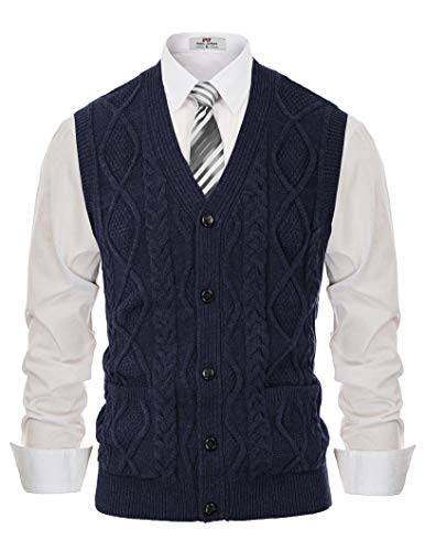 PJ PAUL JONES Mens Cable Knit V Neck Sweater Vest Button Up Royal Blue S