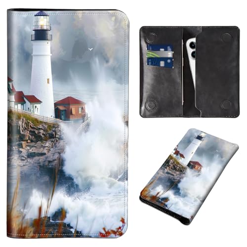 Wallet for Men Women & Phone Purse Wallet, RFID Blocking PU Leather Dual Magnetic Clasp Closure Phone Purse + Credit Card Holder for Phone Organizer Ladies Travel Purse,Lighthouse Beacon Clouds