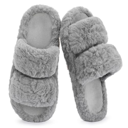 Image of RockDove Women's Pluffie Open Toe Slippers | Arch Support & Memory Foam, Cozy Faux Fur, Gift-Ready Design, Indoor & Outdoor Comfort