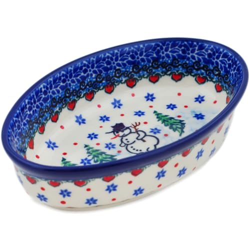Authentic Polish Pottery Condiment Dish Signature UNIKAT in Dancing Snowman Design Handmade in Boles?awiec Poland by Ceramika Artystyczna + Certificate of Authenticity