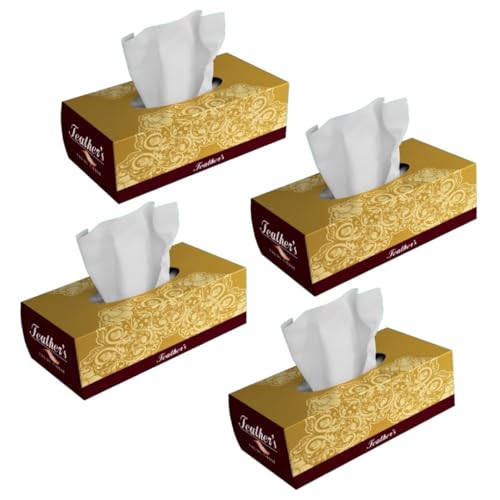 Image of Feather's Face Tissue Box (Dry) | 2 Ply, 200 Pulls per Box, Pack of 4 | Super Soft & Absorbent Facial Tissue Box | Facial Tissue Papers | Virgin Paper, Biodegradable (Random Color Box)