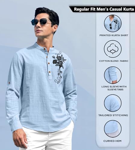 Image of Zombom Men's Cotton Polyester Blend Mandarin Collar Self One Design Printed Full Sleeve Casual Short Kurta Shirt