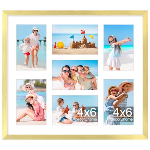 decorUhome 15x17 Picture Frames Collage Wall Decor, Display 7Pcs 4x6 Photos with Mat or 1Pcs 15x17 Unmatted, 7 4x6 Collage Picture Frames for Wall Mounting, Gold