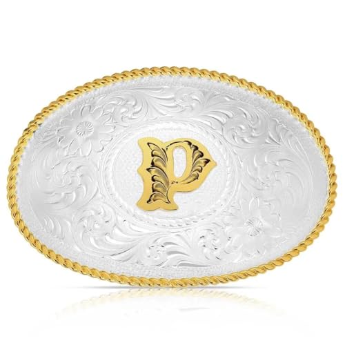 Image of Montana Silversmiths Initial Engraved Gold Trim Western Belt Buckle