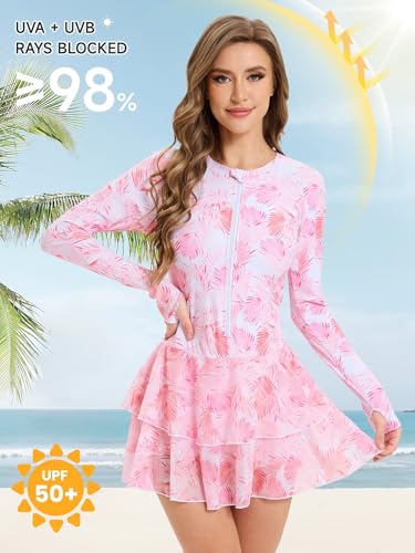 Womens Rash Guard Long Sleeve UPF 50+ Zip Up One Piece Swimsuits with Shorts Modest Swim Dress with Built in Bra3