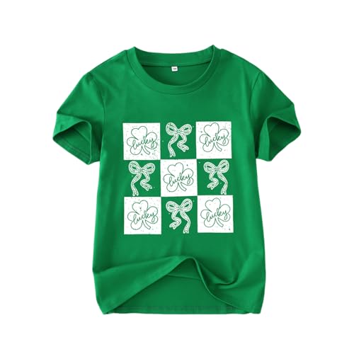 Image of GLIGLITTR Kids St Patricks Day Shirt Girls Bow Shamrock Clover Lucky Graphic T-Shirt Irish Short Sleeve Tee Tops 7-12 Years