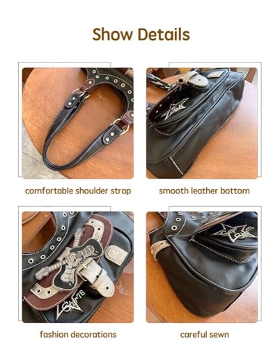 JHTPSLR Rivet Belt Punk Y2k Leather Shoulder Purse for Women Guitar Star Dark Grunge Goth Bag 2000s Streetwear2