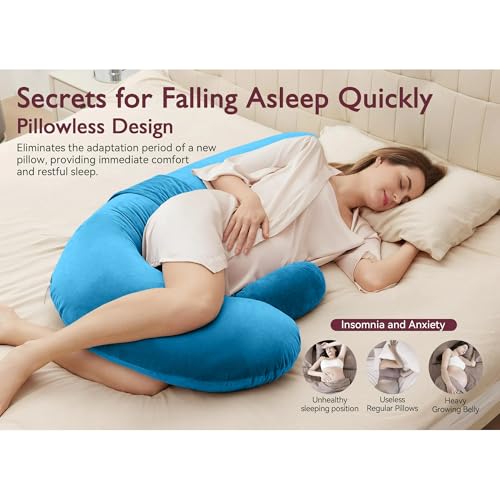 Image of J-Shaped Sleeping Pregnancy Pillow| Removable Velvet Covers| PregnoCare Fibres| Baby Shower Gift, Maternity, Nursing| Full Body Soft-Support Bump, Head, Back, Shoulder, Hips, Legs and Belly (Sky Blue)
