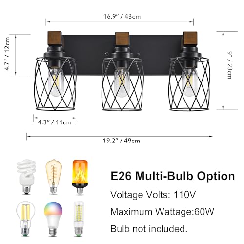 Image of Farmhouse 3-Light Wood Bathroom Vanity Light, Black Metal Cage Shade | Mounted Over Mirror, Industrial Rustic Style, Ideal for Bathroom, Bedroom, Hallway & Living Room, Easy To Install