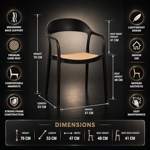 Image of Rattan Style Outdoor Chair | Set of 4 Black Plastic Arm Chair for Garden, Balcony, Patio & Cafe | Lightweight Weather Resistant Seating | 3 Year Manufacturing Warranty