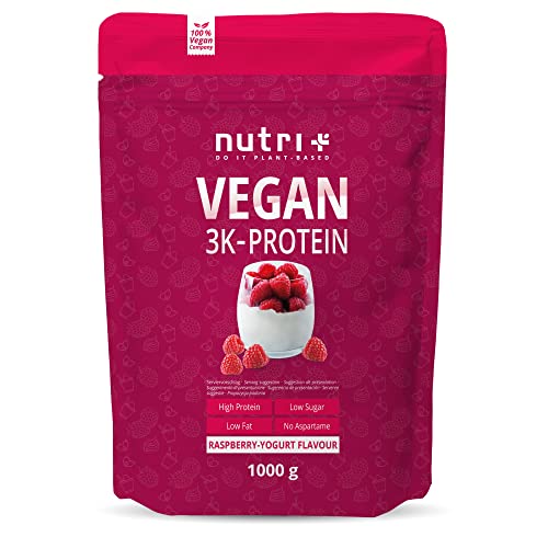HIGH PROTEIN Vegan Himbeere Joghurt 1000g - 79,1% Eiweiß - 3k-Proteinpulver Raspberry Yoghurt - laktosefreies Eiweißpulver Low Sugar - Nutri-Plus 1kg Himbeer Proteinshake