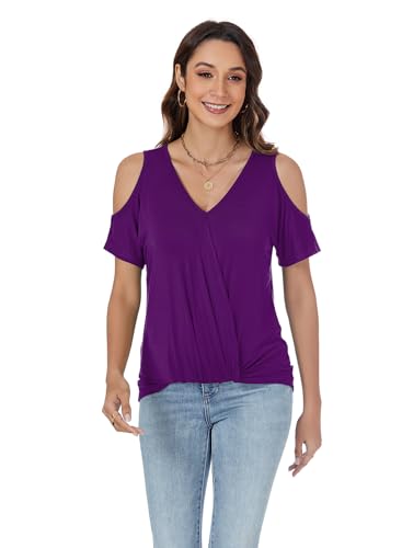 LEIYEE Womens Summer Cold Shoulder Tops Sexy Casual Short Sleeve V Neck Cute Front Knot Ruched Shirred T Shirt Blouse3